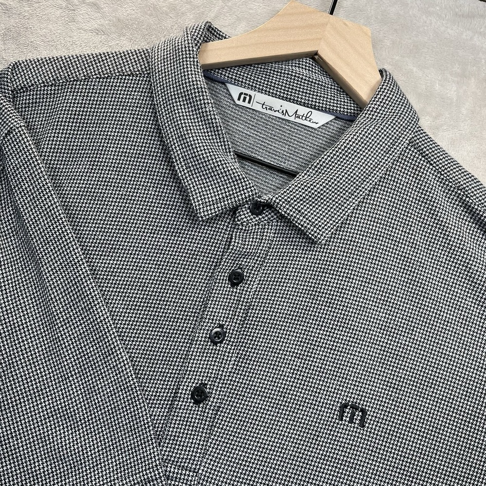 Travis Mathew Shirt Mens 2XL Polo Houndstooth Golf Black Gray Casual Preppy